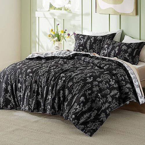 Black Floral Comforter Set 3-Piece Reversible Botanical 1