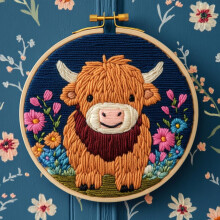 DIY Punch Needle Kit: Little Highland Cow in Flowers, Easy for Beginners, with Printed Pattern & Hoop (20x20cm), Home Decor