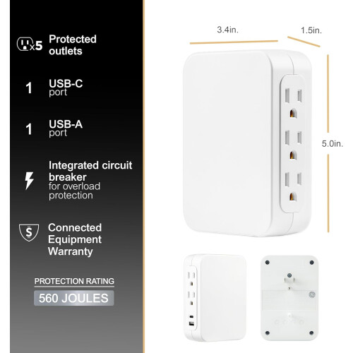 Protetor contra surtos de parede UltraPro com 5 tomadas, USB-A e 1