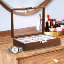 Coffee Walnut Watch Organizer with Velvet Interior and Clear Display Window for Watch Storage