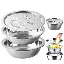 3-in-1 Stainless Steel Grater Basket Set: Colander, Strainer & Mixing Bowl | Julienne Slicer, Cheese Shredder, Rice Washer | 11" Durable &