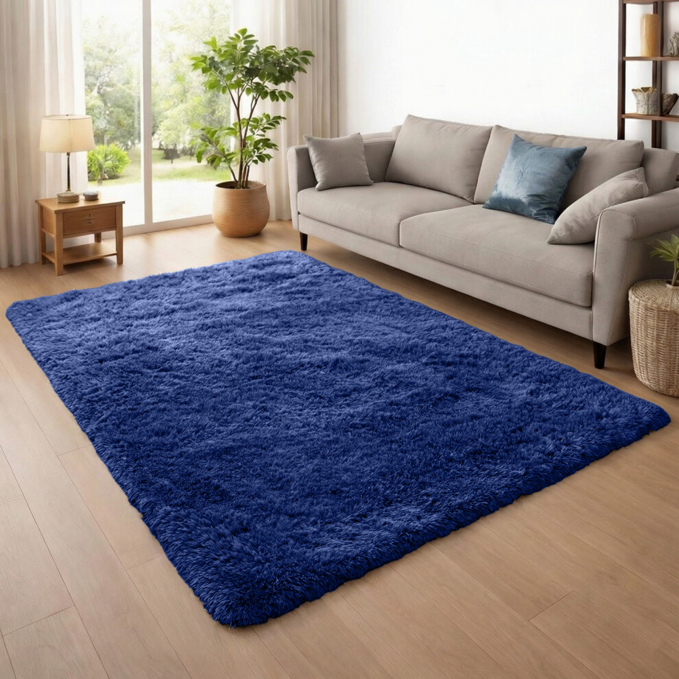 Supreme Bedding Ltd (120X170cm (4Ft X 5.6Ft)) Navy Shaggy Rug - Ultra Soft Plush 450Gsm Thick Pile Fluffy Shag Area Rug For Bedroom & Living Room Blue