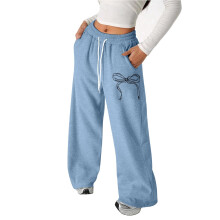 Girl Pants with Bow & Drawstring, Loose Fit Straight Leg Trousers for Kids 8-9Y, Blue Z01 – Comfortable Casual Wear