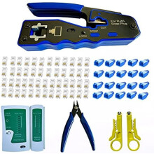 RJ45 Crimp Tool Kit for Cat5/Cat5e/Cat6/Cat6A – Includes 50 Pass-Through Connectors, Tester, Strippers & Cutter