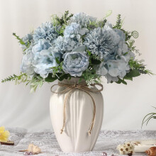 Peonies Artificial in Vase, Hydrangea Silk Peony Flower Bouquet with Vase Faux Arrangement Decor Table Dining Room (Blue)
