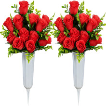 Artificial Cemetery Flowers,Set of 2 Artificial Rose Bouquet Grave Memorial Flowers with Vase for Cemetery Headstones Decoration (Purple)