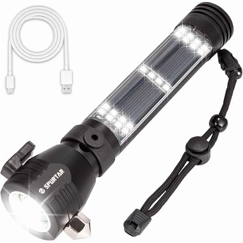 7-Mode Solar Flashlight With Car Safety Hammer, Seatbelt Cutter, Compass & Magnet, 2000Mah Tactical Emergency Led Flashlight, Black 9426043227258