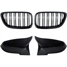 Gloss Black Kidney Grill + Carbon Fiber Mirror Caps for F22 F23 M2 F87 2014-2018