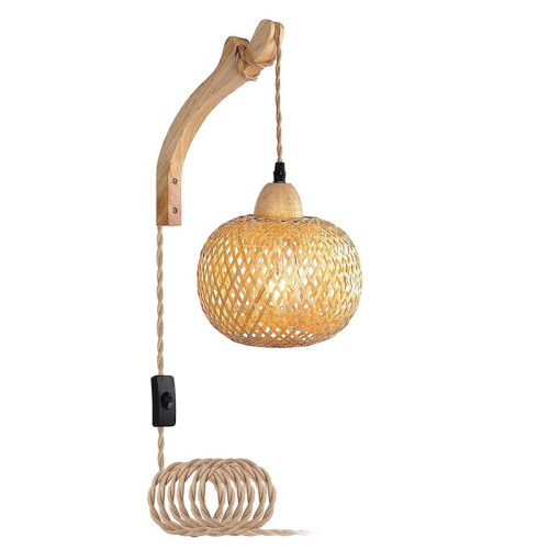 Luminária de Parede em Bambu , Vime e Rattan, com Plugue E27, Feita À Mão, para Decoração de Ambientes.