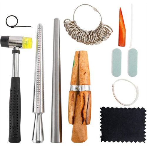 Ring Sizer Measuring Tool Set, 12 Pcs Ring Mandrel, Ring Sizer, Rubber Hammer, Plastic Ring Sizer Gauge, Wood Ring Clamp