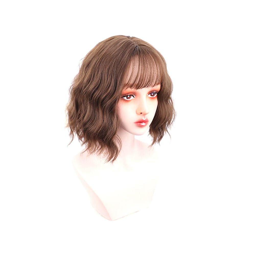 Brown Wig Bob Bobo Wig With Bangs For Women, Natural Looking Short Bob Wig, Short Curly Wig For Daily Korea Versions