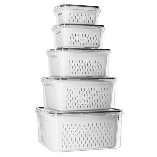 5 Pack Fruit Storage Containers for Fridge with Removable Colanders - Food Storage Containers with Lids