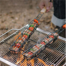 Gabbia per Barbecue con Manico In Legno per Esterni, Griglia per Barbecue per Carne e Verdure, Griglia per Barbecue da Campeggio, Attrezzi per