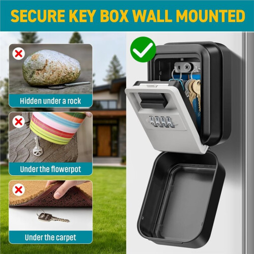 Key Lock Box, Waterproof Wall Mount Lock Box for Keys with Code, 4 Digit Combination Lockbox for Home Office Garage B 1