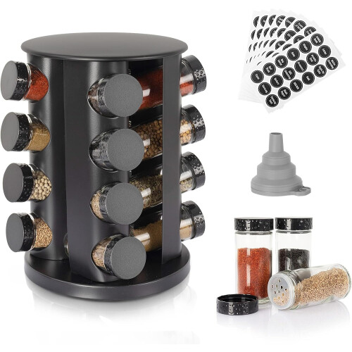 Black Rotating Spice Rack with 20 Glass Jars