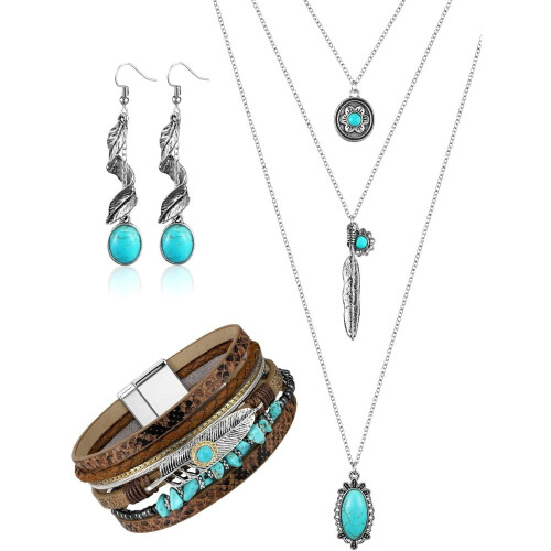 Set di gioielli bohémien turchesi: collana, bracciale e orecchini.