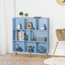 3-Tier 8 Cube Storage Organizer 3-Shelves Wood Open Shelf Bookcase W/Pine Legs, Blue