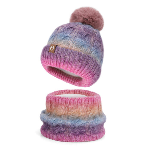 Conjunto de gorro e cachecol de tricô degradê roxo