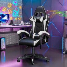 Ergonomic Gaming Chair with Adjustable Height, Reclining Feature, Headrest, and Lumbar Support for Adults (Bluetooth Speakers, White)