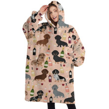 Oversized Sherpa Blanket Hoodie with Dachshund & Wine Design, Super Warm Fuzzy Pullover for Women & Men, Compatible with All Sizes