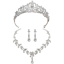 Bridal Wedding Crown with Faux Crystals, Silver Hollow Tiara Set + Necklace & Earrings – Compatible with Bridal Outfits