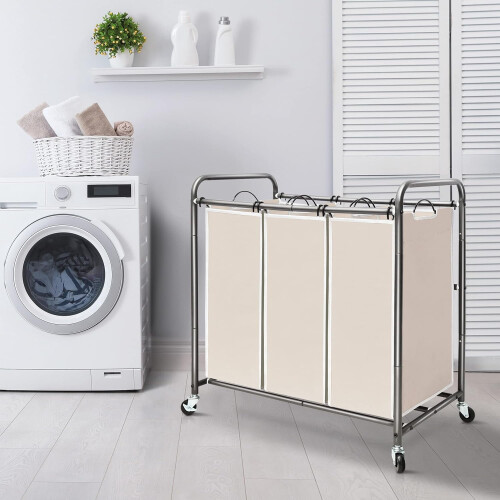 Beige 3-Section Rolling Laundry Sorter with Removable Bags