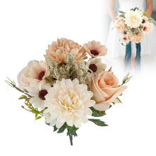 Buchet de mătase cu trandafiri și bujori, șampanie, 33 cm