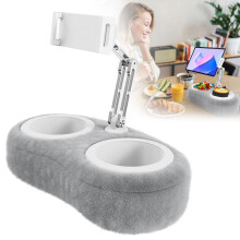 Tablet Pillow Stand with Snack Bowl, Compatible with 4–13", 360 Rotating Phone Holder, Soft Plush, Detachable Bowl for Bed Use