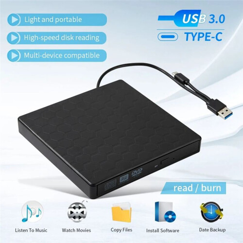 External DVD Drive USB 3.0 Portable +/-RW Player for CD ROM Burner Compatible with Laptop Desktop PC Windows 2