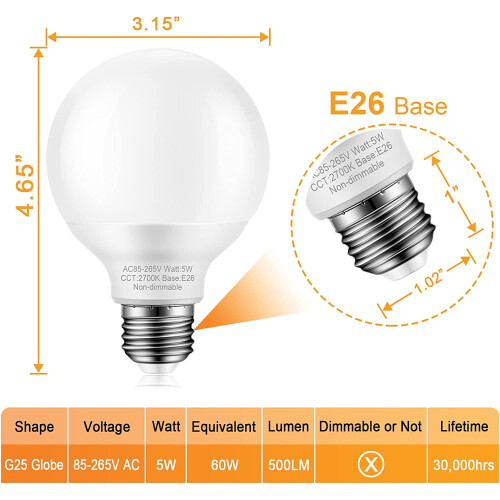 Pachet de 8 becuri LED G25, 5W, 2700K, soclu E26 1