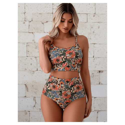 Bikini da donna a due pezzi con stampa floreale e vita alta 2