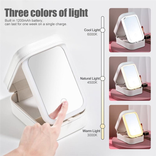 Small Travel LED Makeup Mirror Case with 3 Adjustable Color Light Settings,  Cosmetic Train Case White 2