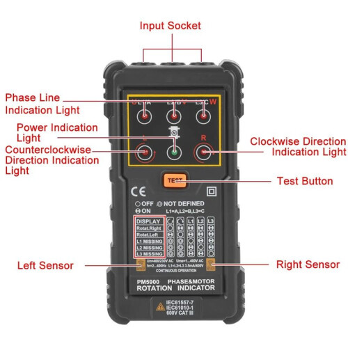 PEAKMETER Three Phase Motor Rotation Indicator, PM5900 400V AC Portable Sequence Rotation Tester, Motor Rotation Indicator