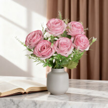 Roze kunstrozenboeket – 6 zijden bloemen