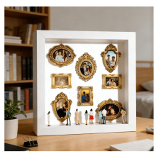 Mini Museum Silhouette Box with Gold Frames & Figurines – Personalized Photo Display Case for Anniversary, Birthday, Home Decor (White)