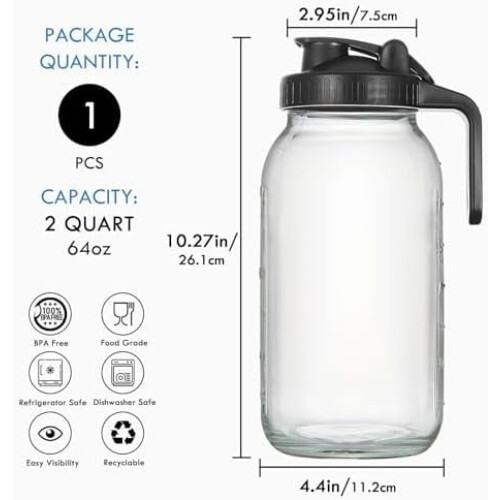 Üveg kancsó fedővel, 64oz, fekete 2