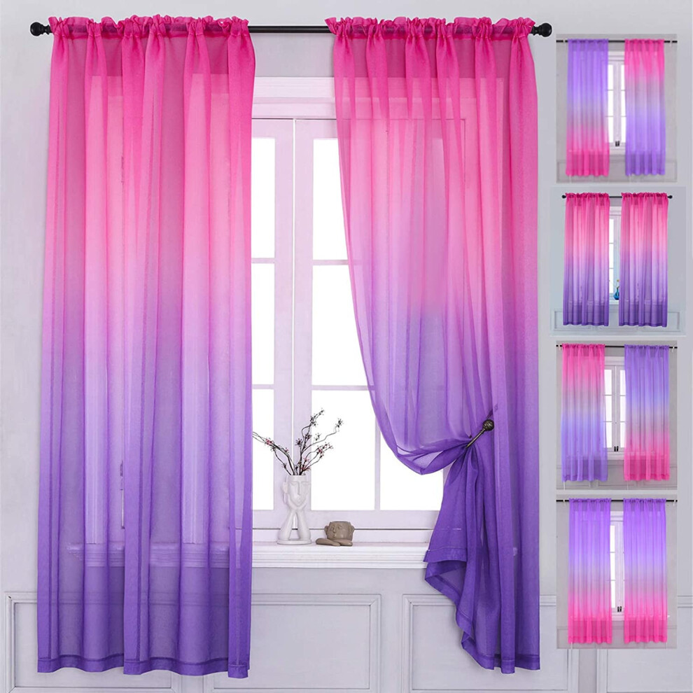 2-Piece Sheer Curtains 40"X63", - Ombre, Rod Pocket, Compatible With Mermaid/Nursery Themes Pink/Purple