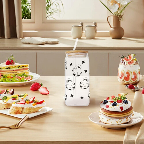 16oz Ghost Glasbecher mit Deckel und Strohhalm 1