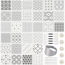 31 PCS Stencils Kit with 3.9 X 3.9 Inch Geometric Pattern(30PCS) and Thread Tool Kit for Beginners Hand Quilting Mending