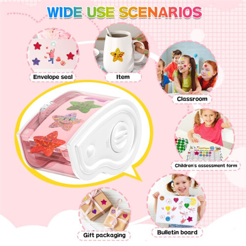 Dispensador Manual de Adesivos para Rolos de 1 A 1,5 Polegadas com 1500 Adesivos para Recompensar Crianças, Decorar Presentes, Rosa 2