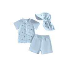 (6-12 Months, Blue) Toddler Boys Rash Guard Swimsuits Short Sleeve Dinosaur Print Tops Shorts Hat Swimwear Three Piece Sets