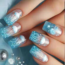 Uñas postizas con diseño de medusas y océanos esmerilados (24 unidades)