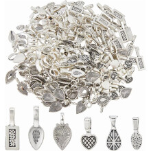 200Pcs Glue-on Jewelry Bails (6 Styles) – Tibetan Alloy Flat Pad, Spoon, Oval, Rectangle, Heart, Teardrop – Compatible with DIY Charms & Crafts