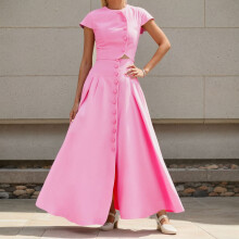 Long Skirt Suit with Round Neck and Irregular Buttons