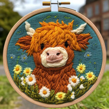 DIY Punch Needle Kit: Cute Brown Highland Cow & Daisy Flower – Easy for Beginners, Includes Hoop & Yarn, 20x20cm, for Home Decor