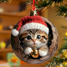 Weihnachtsschmuck aus Acryl: Katze mit Weihnachtsmannmütze und Glöckchen
