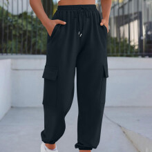 Pantaloni cargo da donna tinta unita - Vestibilità ampia, casual, con polsini elasticizzati, coulisse in vita e tasche cargo laterali