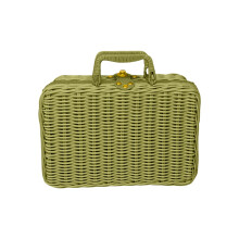 Mini wicker picnic basket with imitation metal lock, rattan storage box & handles—compatible with travel, camping, outdoor party—army green