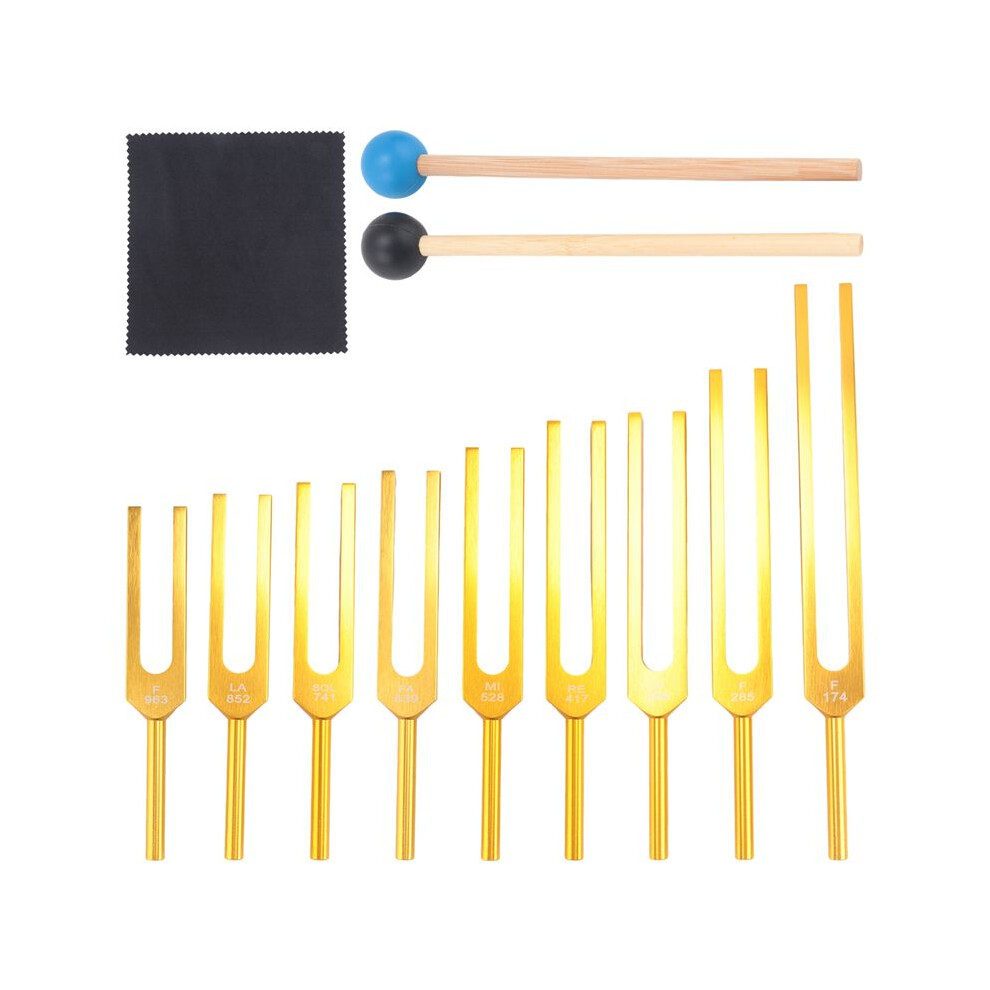 Gold Tuning Forks Set 9Pcs 174/285/396/417/528/639/741/852/963Hz Tuning Fork, Sound Healing Tool Set For Healing Chakra