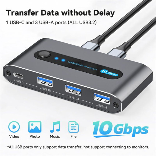 10Gbps USB 3.2  USB C ,4 Port USB Switcher for PC Laptop Share Keyboard Mouse Supports USB C Input 1